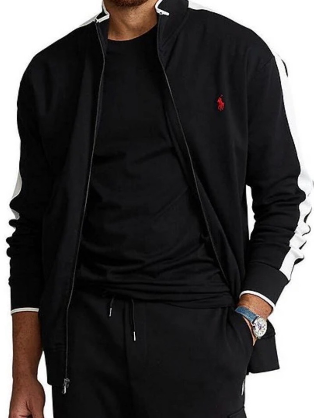 Polo by Ralph Lauren Black Zip-Up Track Jacket with White Stripes
